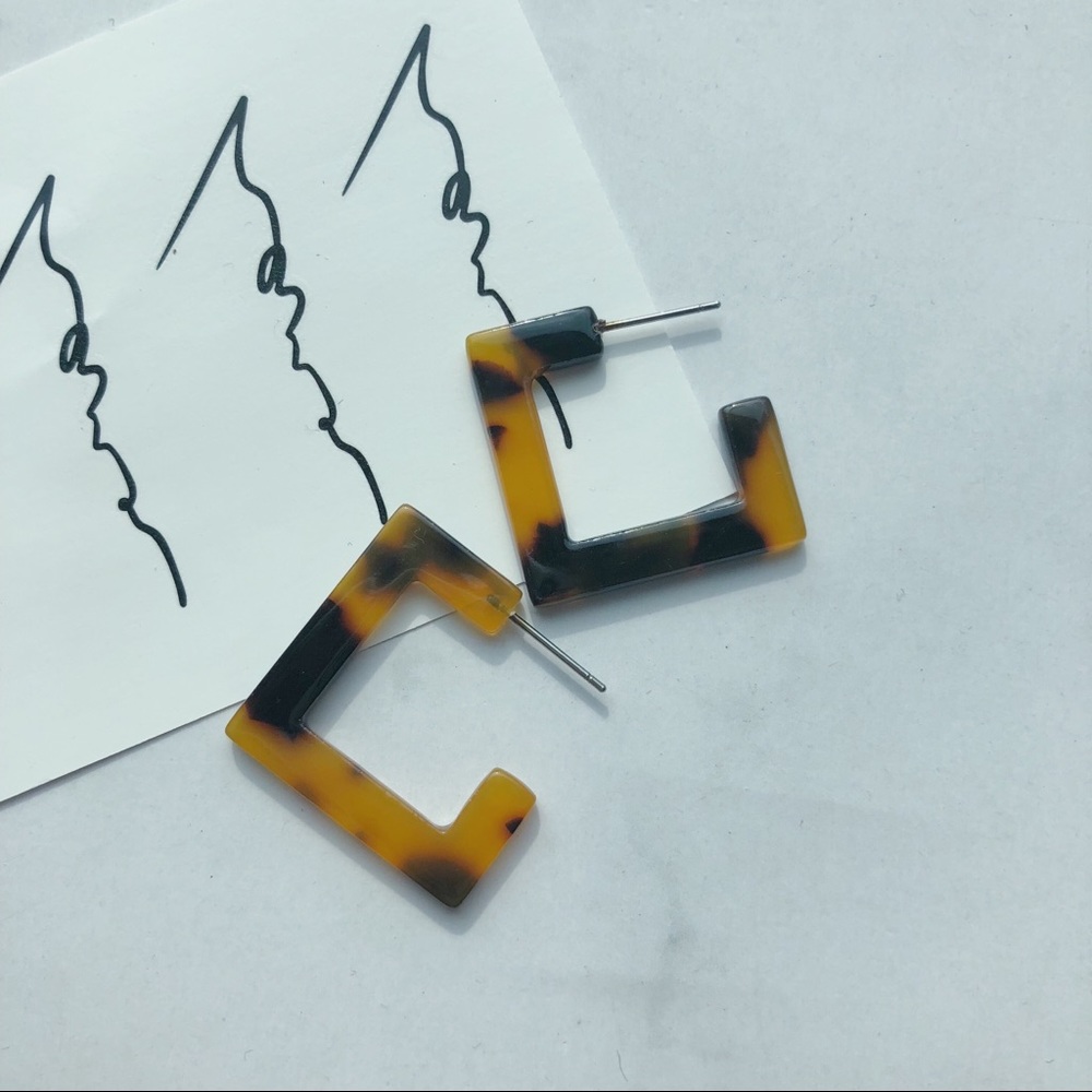 Brown Tortoise Shell Resin Squared Earrings - Picture 1 of 3